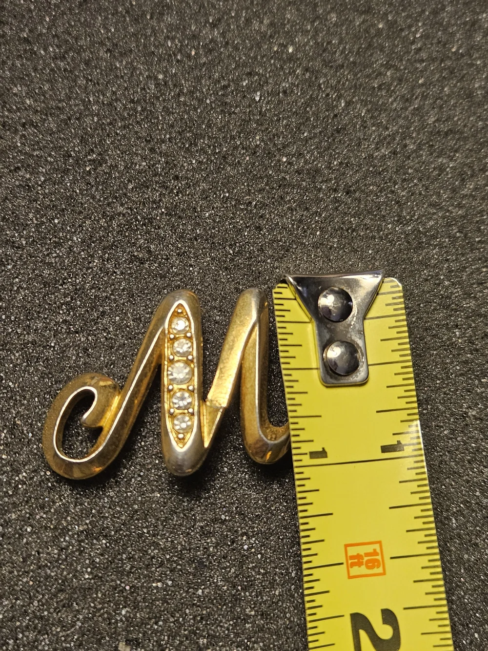 Avon Gold-Tone 'M' Brooch with Clear Rhinestones